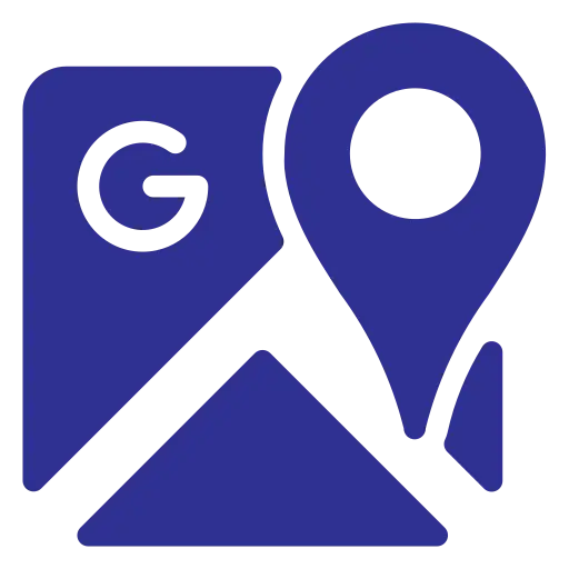 "Blue Google Map icon featuring a location pin and map direction symbol, representing navigation and location services."