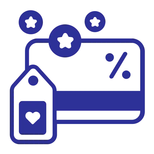 "Blue loyalty card icon featuring a discount percentage, a tag with a heart symbol, and stars representing customer rewards and loyalty programs."