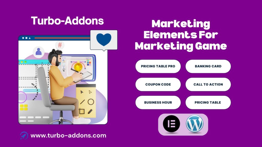 A vibrant promotional image for Turbo Addons featuring a 3D illustration of a man designing a website on a desktop. The text reads "Turbo-Addons Marketing Elements for Marketing Game" with a list of features: Pricing Table Pro, Banking Card, Coupon Code, Call to Action, Business Hour, and Pricing Table. Logos for Elementor and WordPress are displayed at the bottom alongside the website URL: www.turbo-addons.com. The background is purple, creating a professional and eye-catching design.