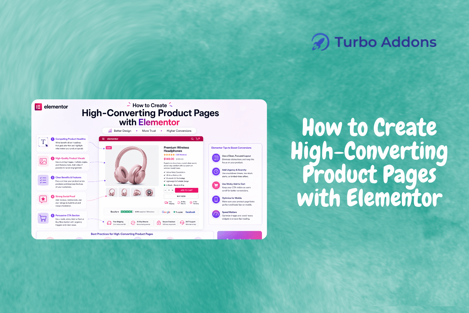 Turbo Addons product page design built with Elementor widgets