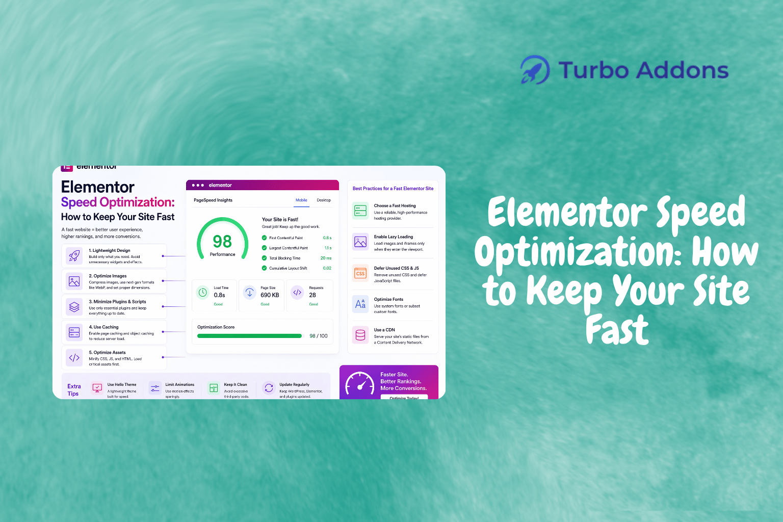 Turbo Addons banner for Elementor speed optimization tips and fast site loading