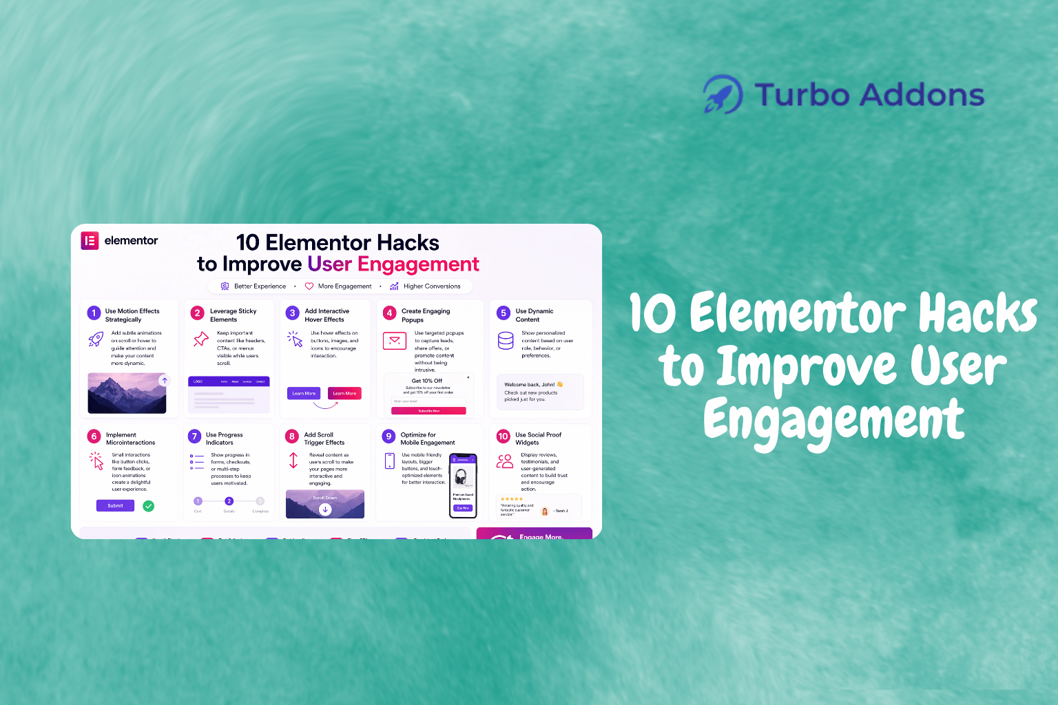 Turbo Addons for Elementor plugin banner showing engagement widgets