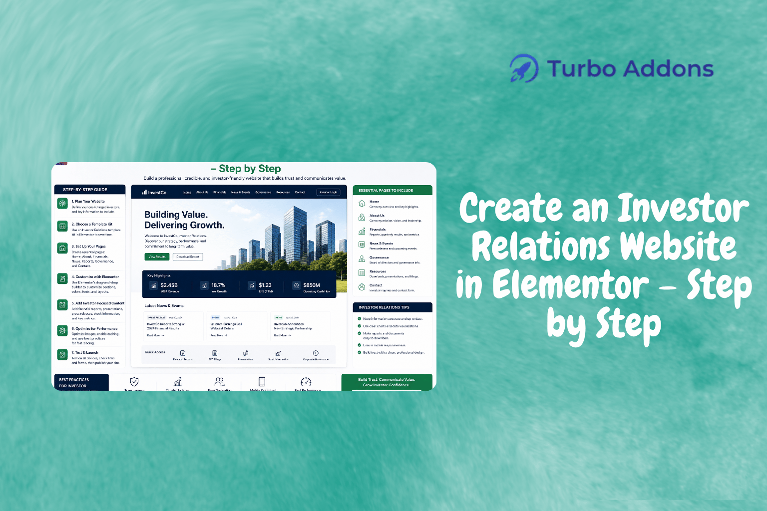 Turbo Addons investor relations website template preview for Elementor