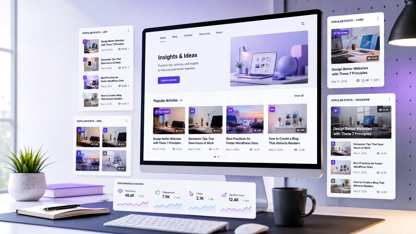 Blog post layouts with view counts shown in Elementor popular posts widgets