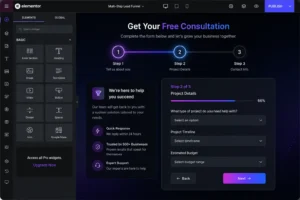 Multi-step lead generation funnel built in Elementor with a three-step form